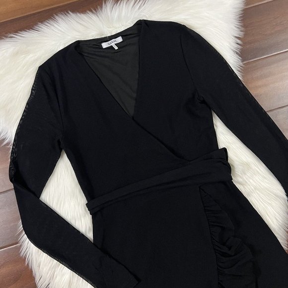 Ganni Size 34 Black Addison Ruffle Dot Mesh Wrap Dress Long Sleeve - Picture 2 of 11